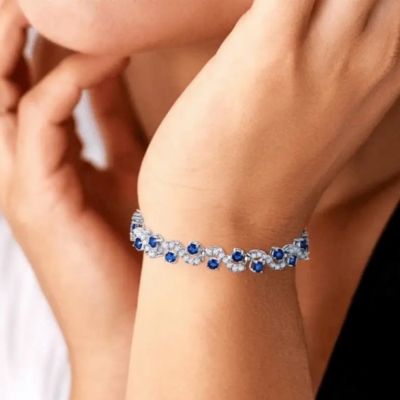Elegant 925 Sterling Silver Colorful Gemstone Womens Bracelet Deep Blue & Silver - Picture 3 of 12